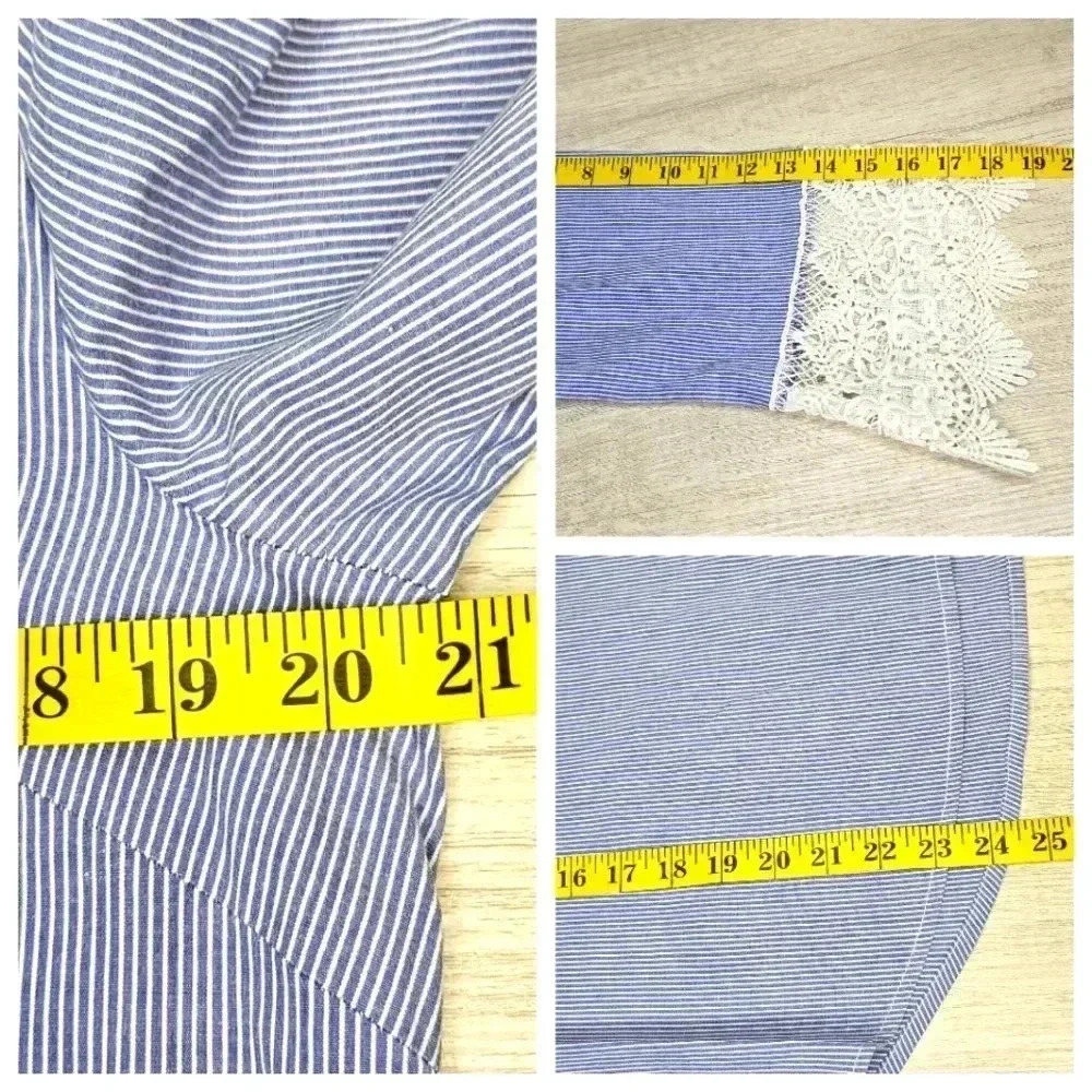 ❤️ LAST CHANCE SALE New York & Company Large Blue Stripe Lace Bell Sleeve Top - Picture 7 of 7